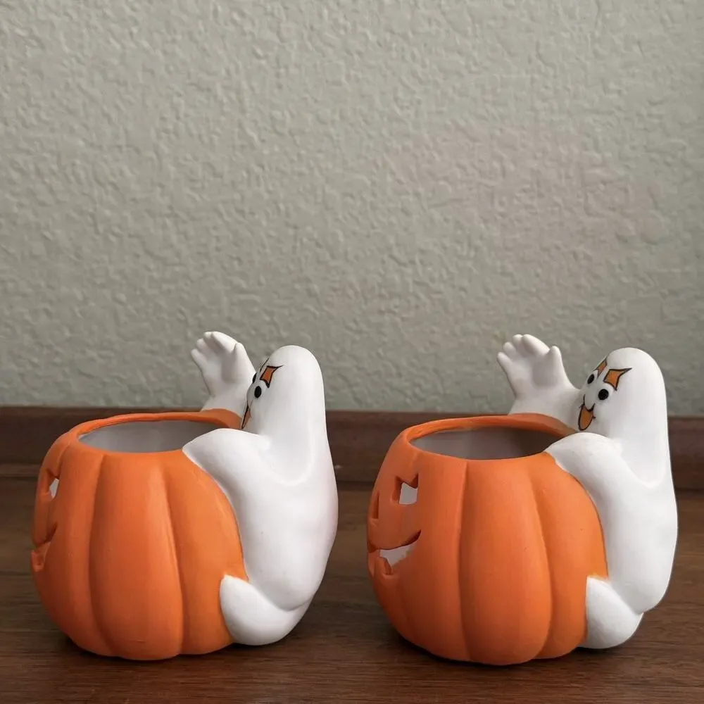 Vintage 90s Y2K Halloween ghost pumpkin jack-o'-lantern tea light holder Decor